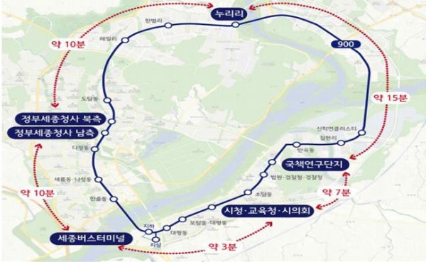 시승 코스 (내부순환 BRT 900번 / 세종터미널~시청 구간)