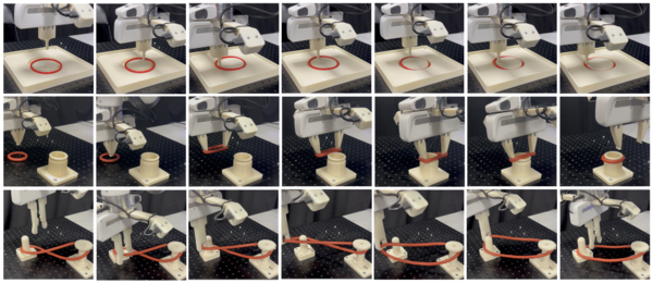 ▲사진 (위부터) 로봇팔이 고무링을 홈에 끼우는 실링(sealing) 작업, O링을 실린더에 장착하는 설치(installation) 작업, 두 기둥 사이에 꼬인 고무줄을 푸는 분리(disentanglement) 작업. INR-DOM은 부분적인 관측 정보만으로 물체의 꼬인 상태를 정확히 파악하고 과제를 성공적으로 수행했다. 사진 KAIST
